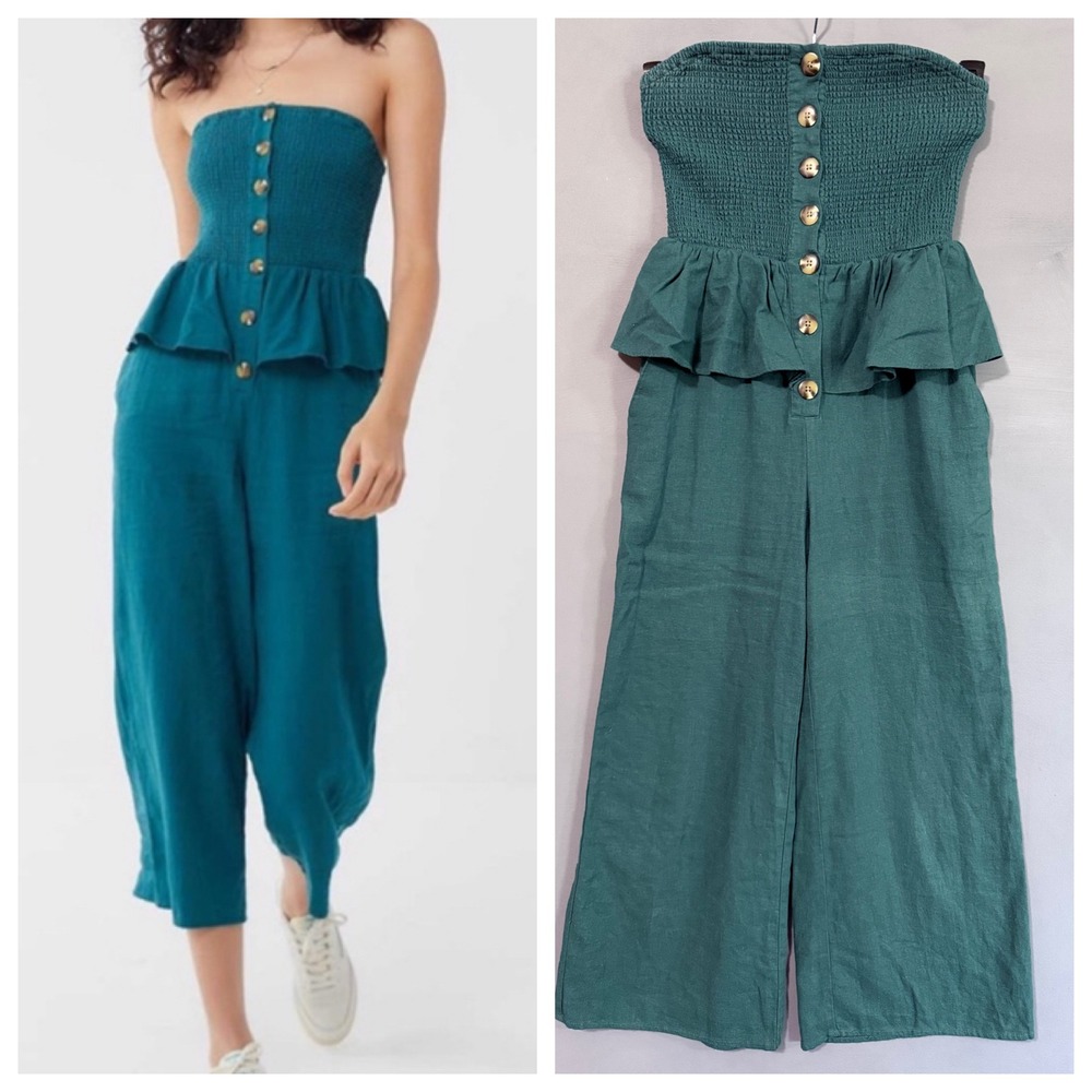 UO Green Smocked Wide Leg Sleeveless Jumpsuit with Buttons Pockets XS